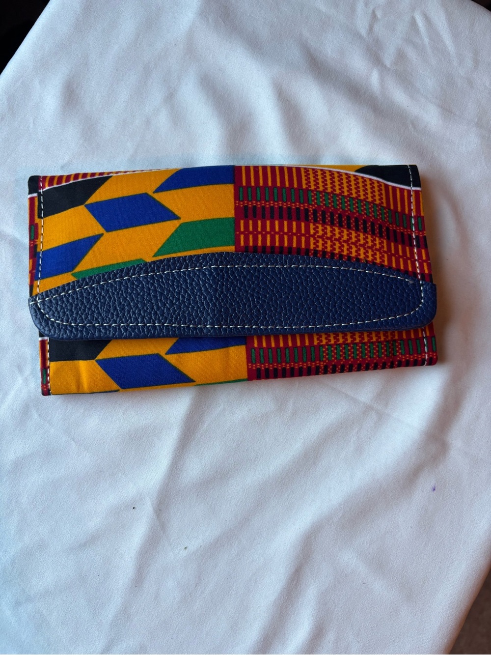 Colorful Kente Print Wallet with Navy Trim
